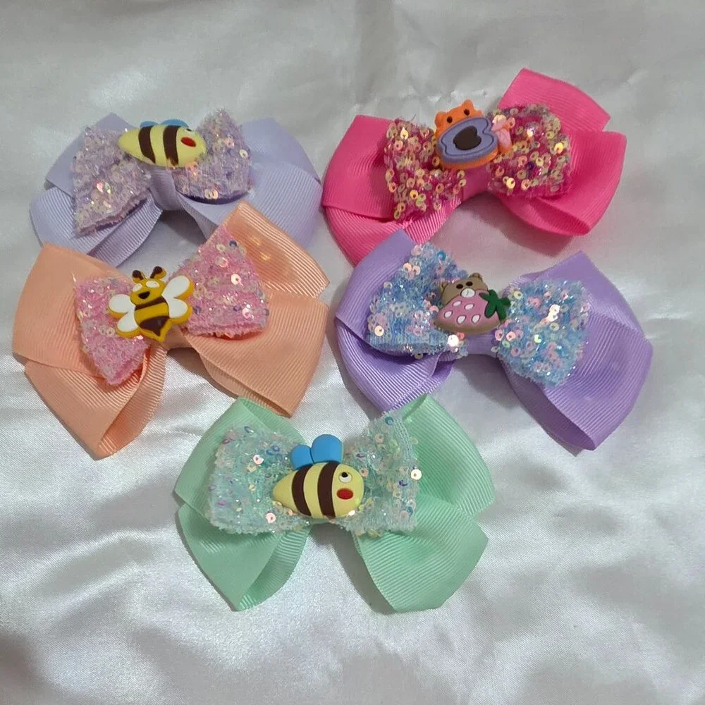 5pcs Cute Glitter Hair Bows Set for Girls Bee Bear Strawberry Clips